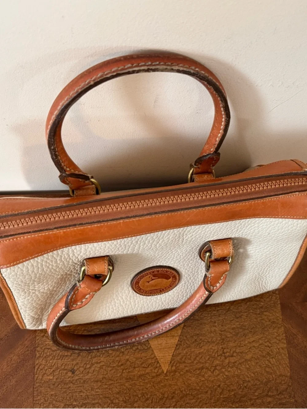 Dooney & Bourke White and Tan Pebbled Leather Satchel - Picture 6 of 10
